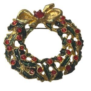 Vintage Brooch Costume Jewelry Christmas Enamel Wreath Pin Gold with Red Ruby